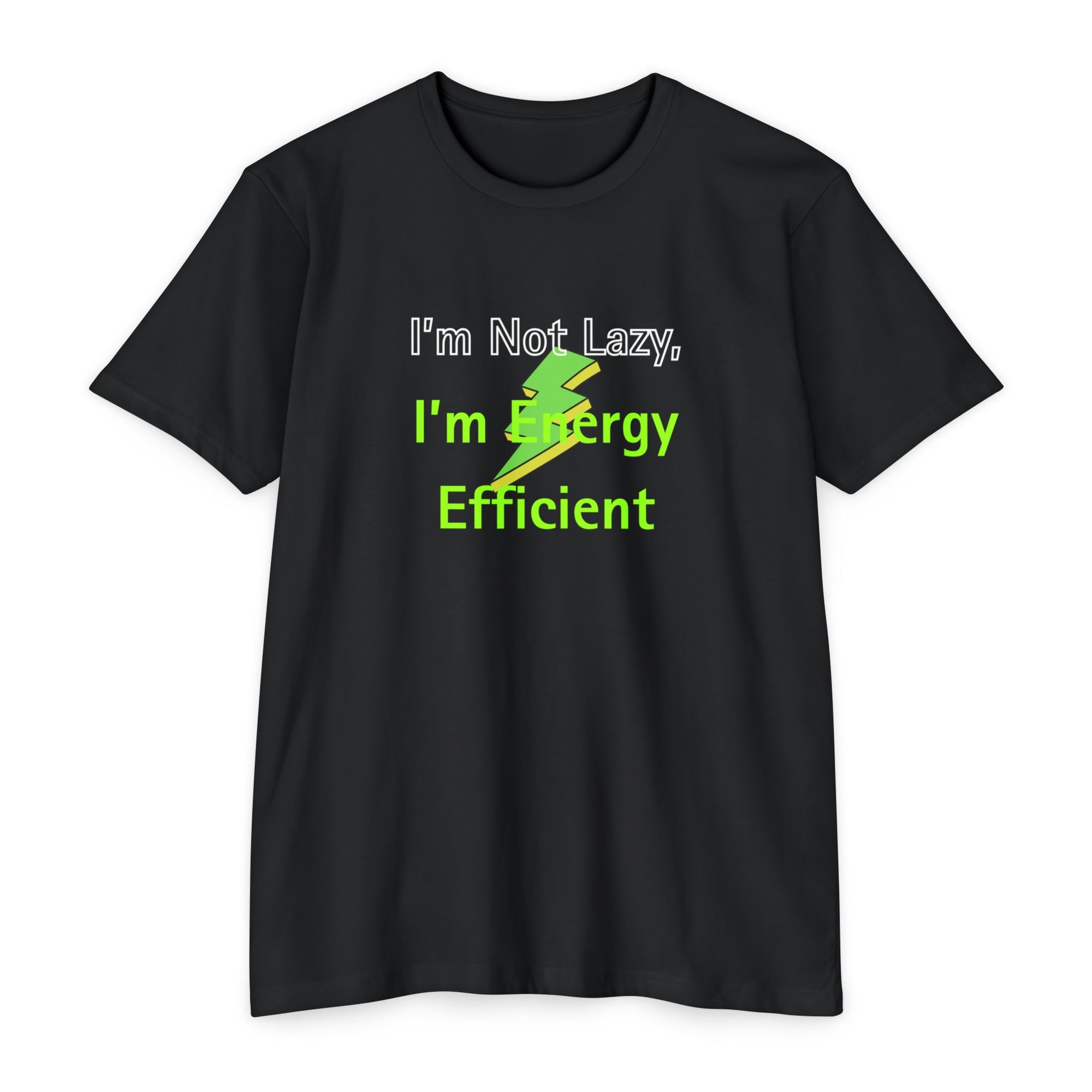 Black t-shirt with humorous text design on a white background