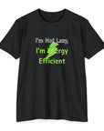 Black t-shirt with humorous text design on a white background