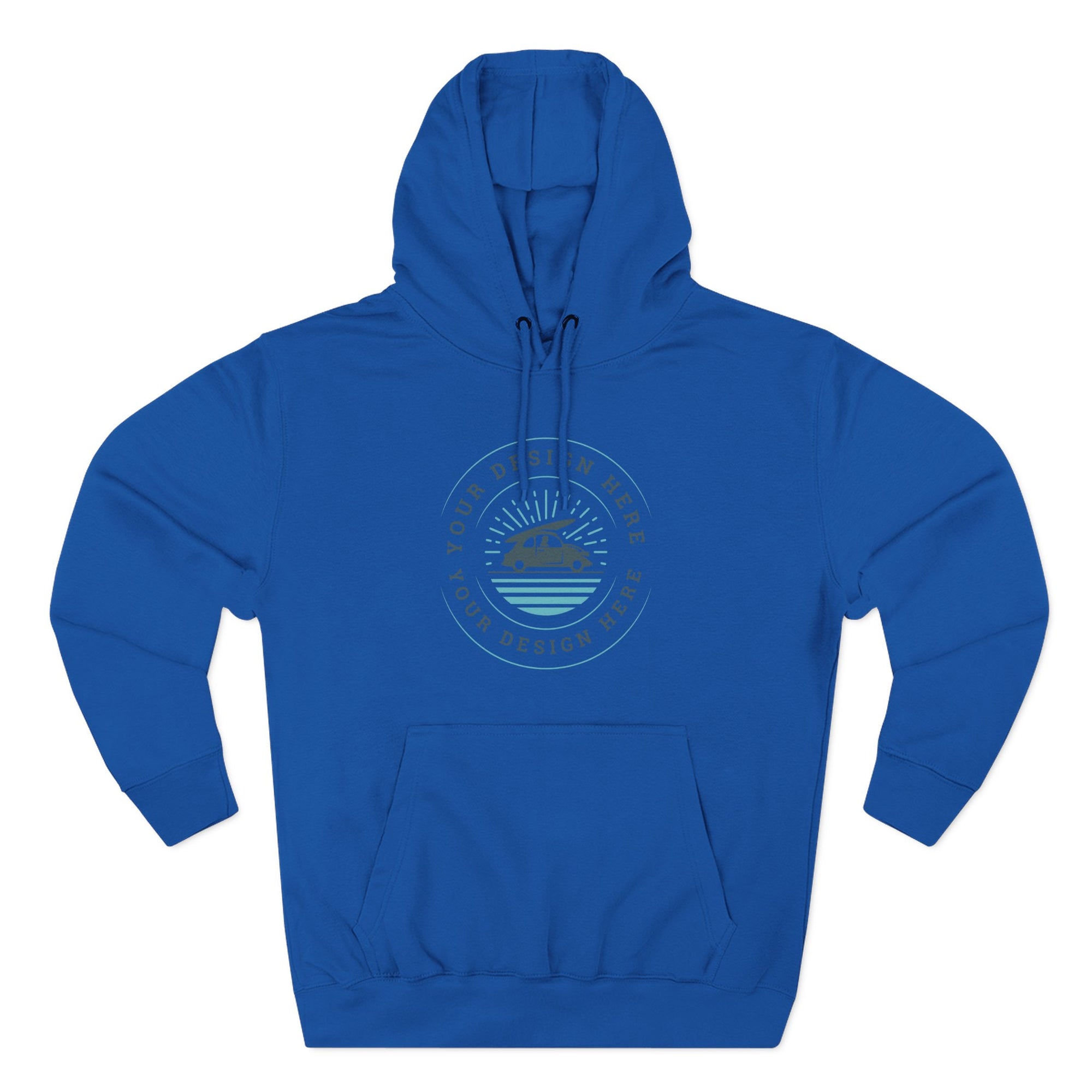 Blue hoodie with a logo on a white background