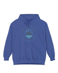 Blue hoodie with a circular graphic on a white background