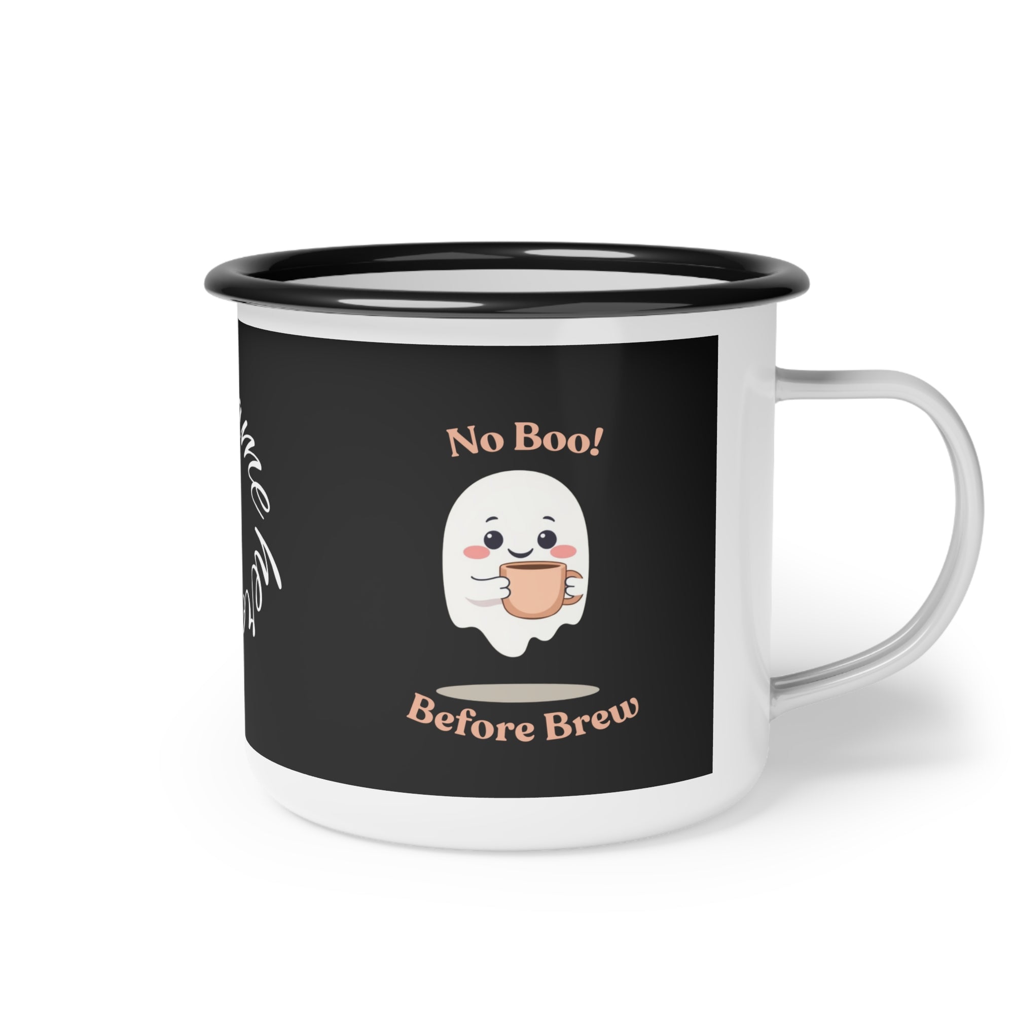 Mug with ghost design and text 'No Boo! Before Brew' on a black background