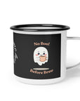 Mug with ghost design and text 'No Boo! Before Brew' on a black background