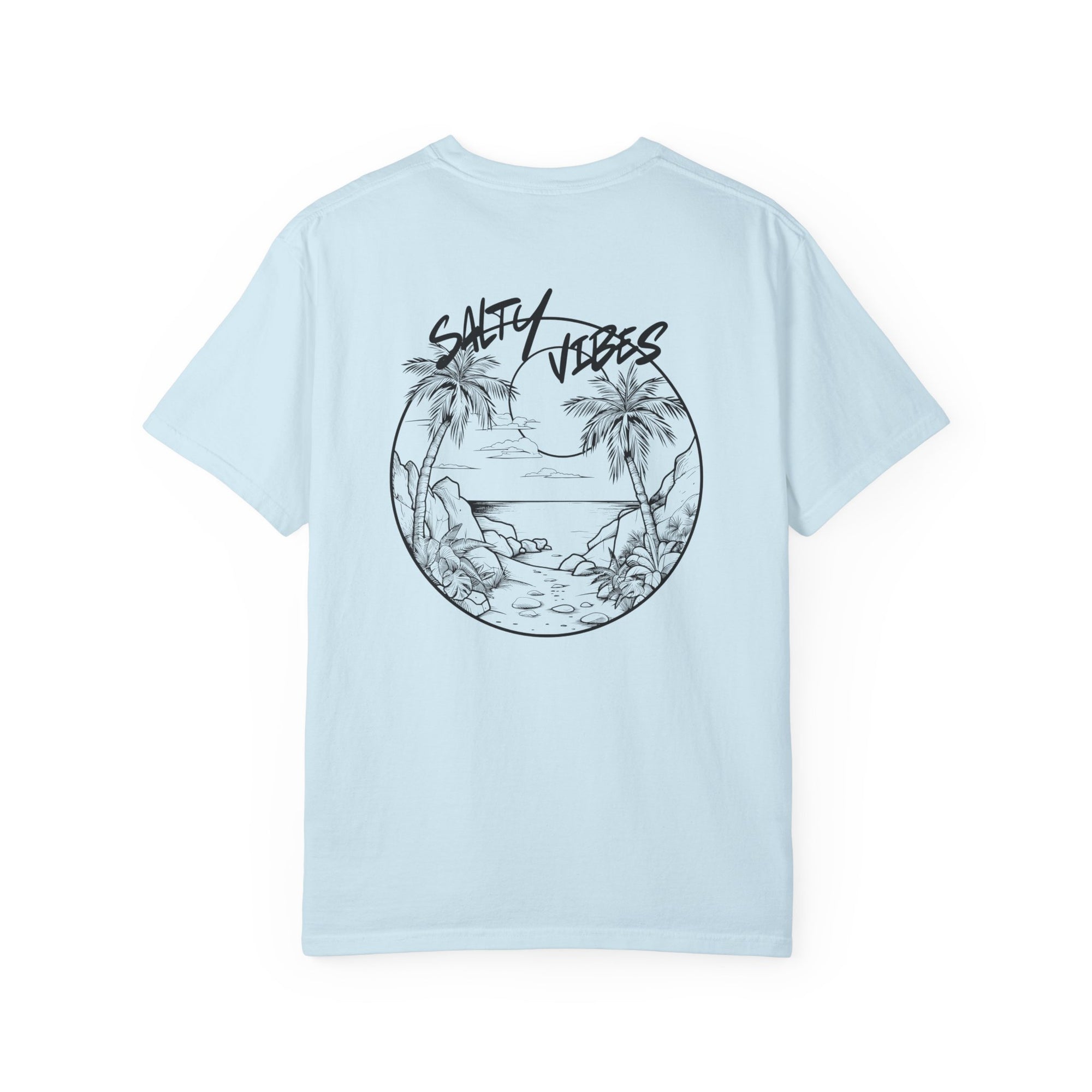 Light blue t-shirt with 'Salty Vibes' graphic on a white background