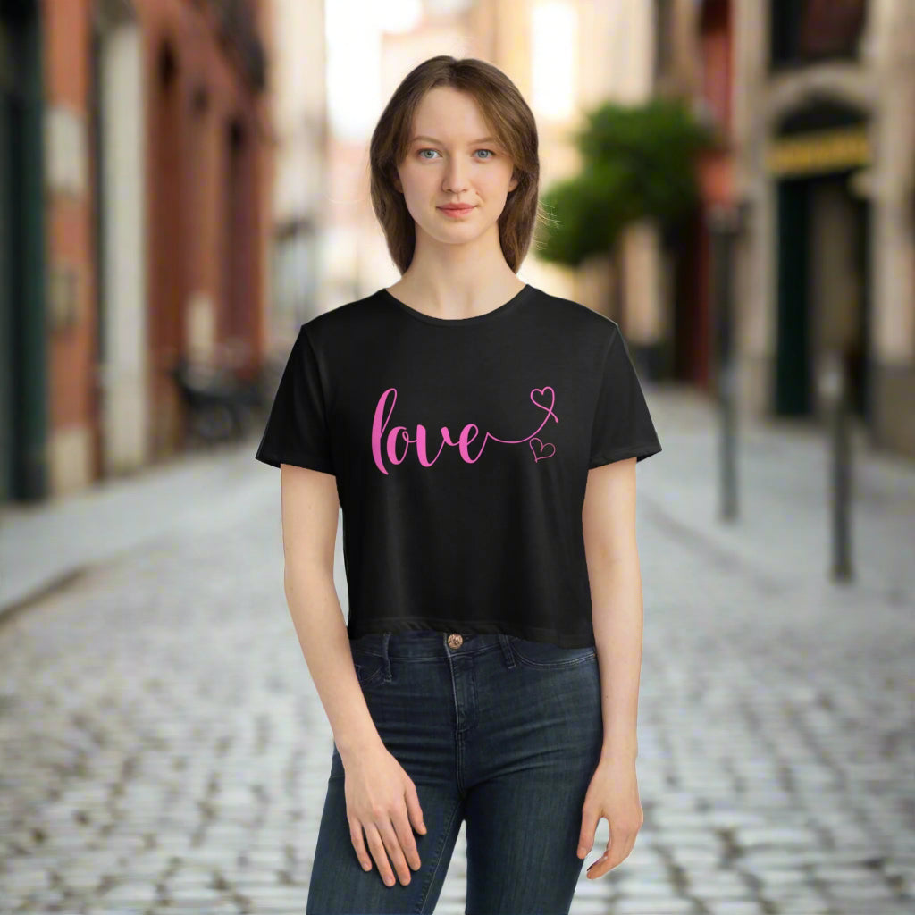 LOVE Women's Flowy Cropped Tee Black T-Shirt