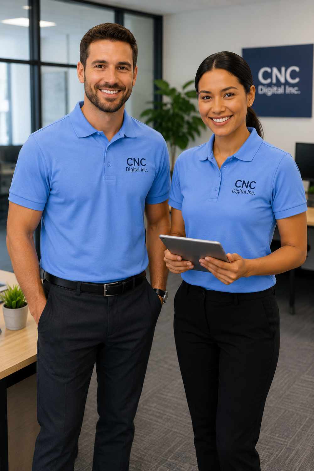 Two people in blue polo shirts with CNC Digital Inc logo in an office setting.