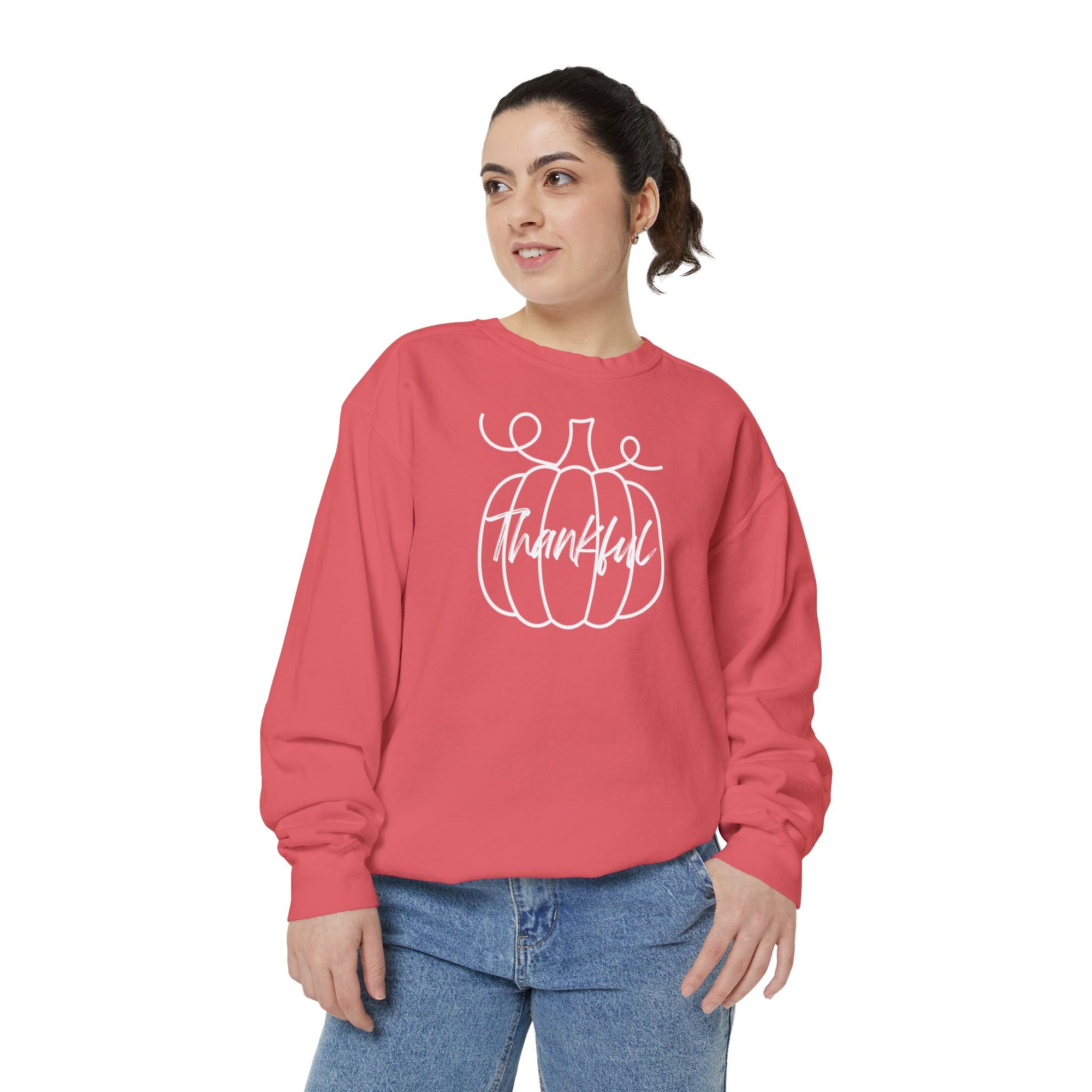 Sweatshirt - White Outlined Pumpkin Thankful Design