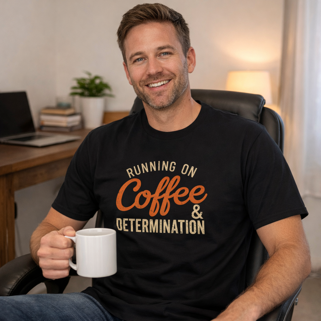 Man wearing a black t-shirt with 'Running on Coffee & Determination' text, holding a white mug.