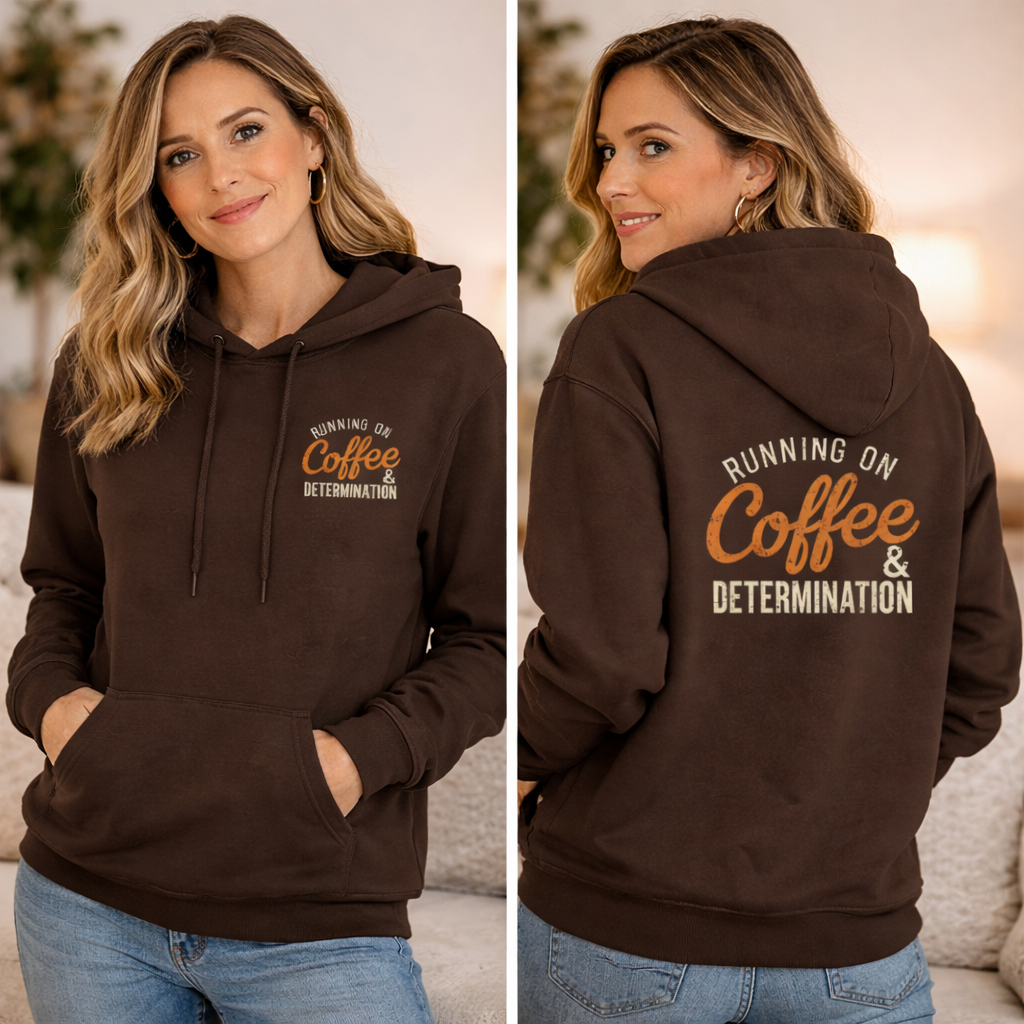 Woman wearing a brown hoodie with 'Running on Coffee & Determination' text, shown from front and back.