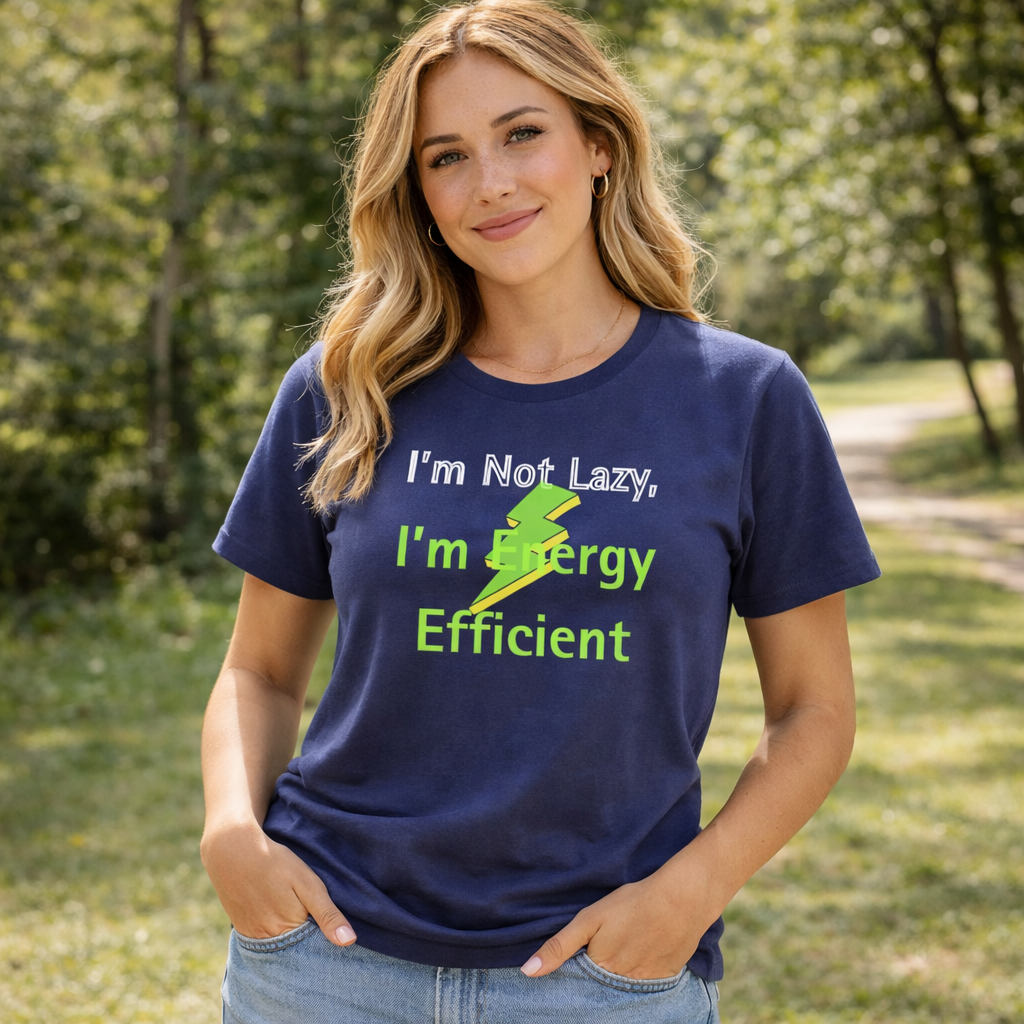Woman wearing a blue t-shirt with a humorous message outdoors