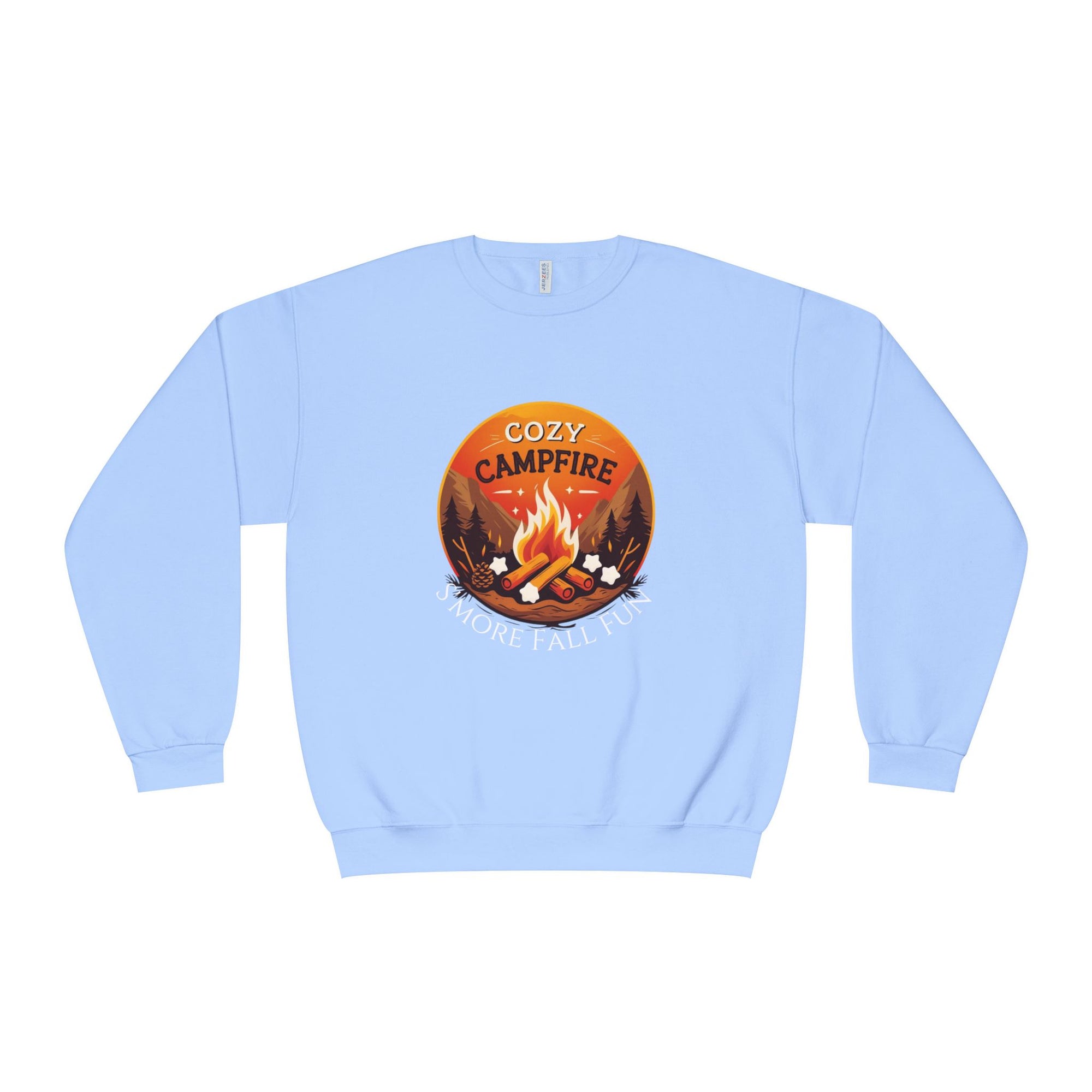 Light blue sweatshirt with a campfire graphic and text on a white background