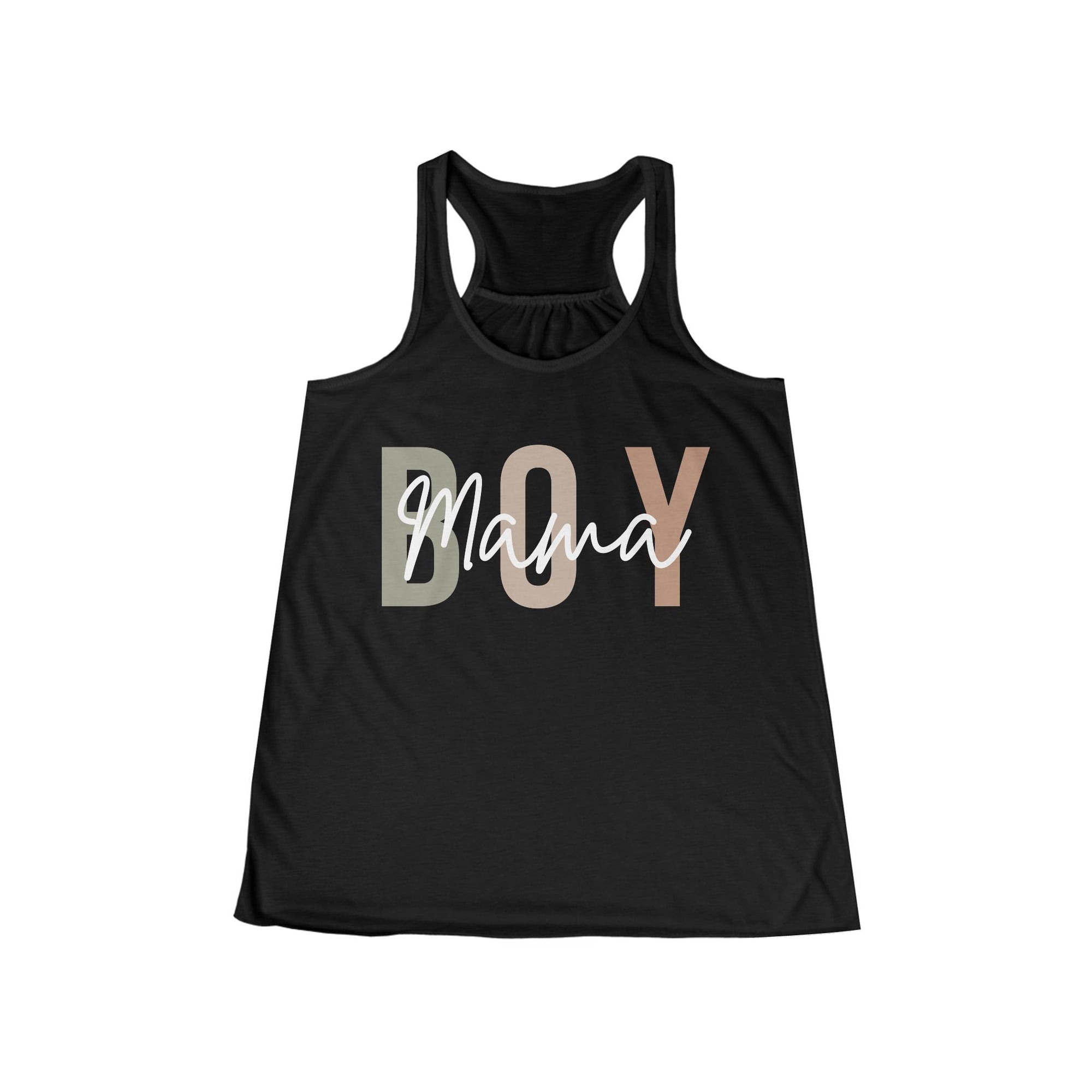 Black tank top with 'BOY Mama' text on a white background
