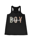 Black tank top with 'BOY Mama' text on a white background