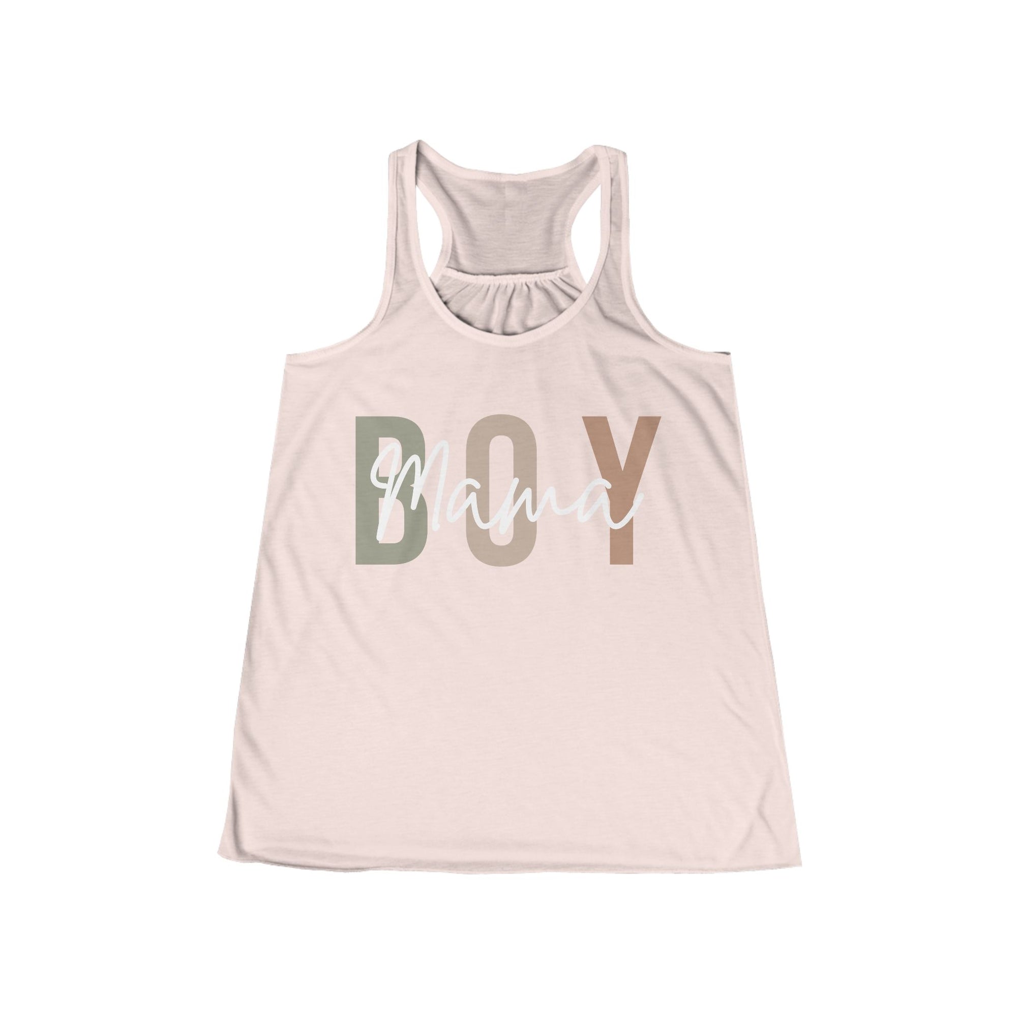 Pink tank top with 'Mama Boy' text on a white background