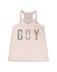 Pink tank top with 'Mama Boy' text on a white background