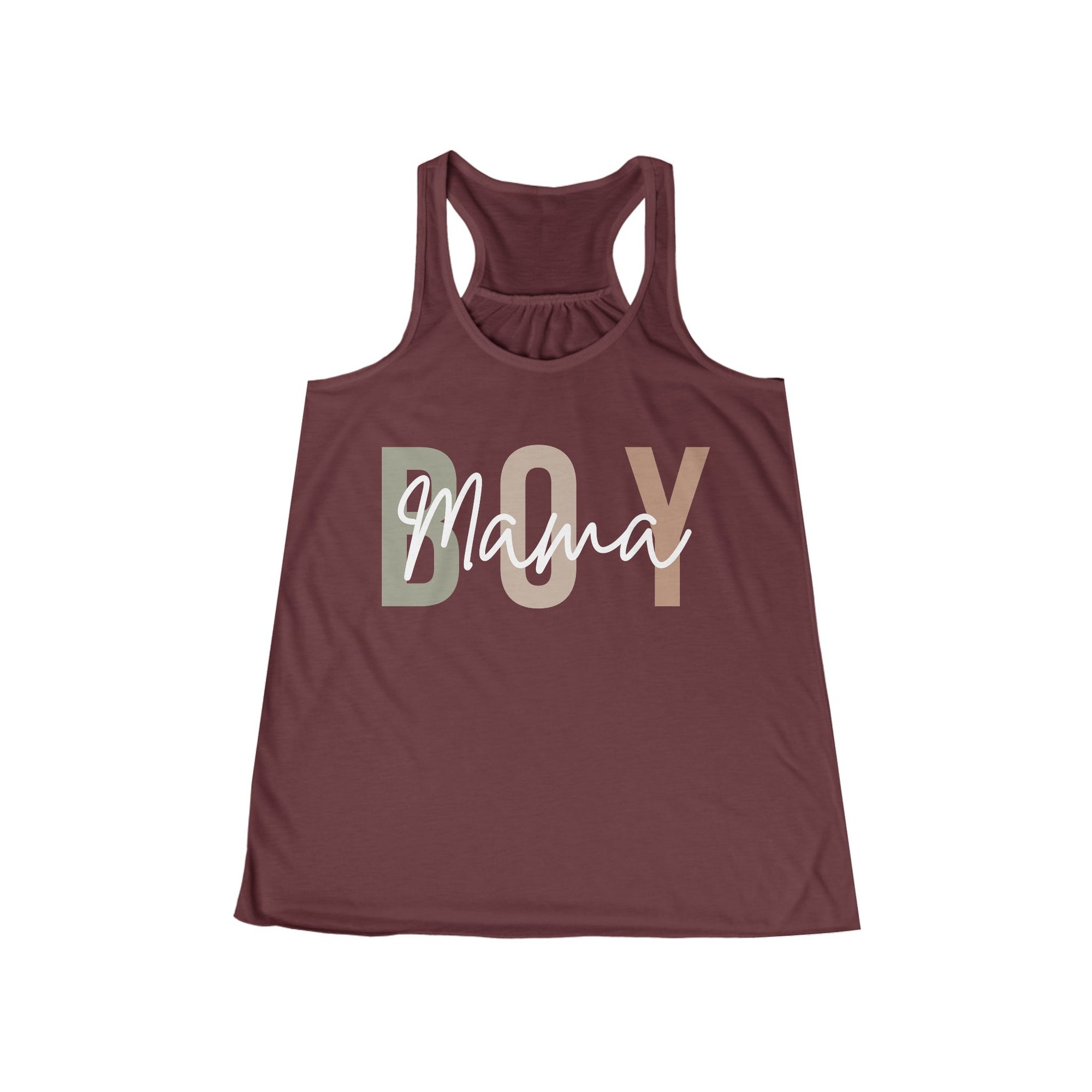 Maroon tank top with 'BOY Mama' text on a white background
