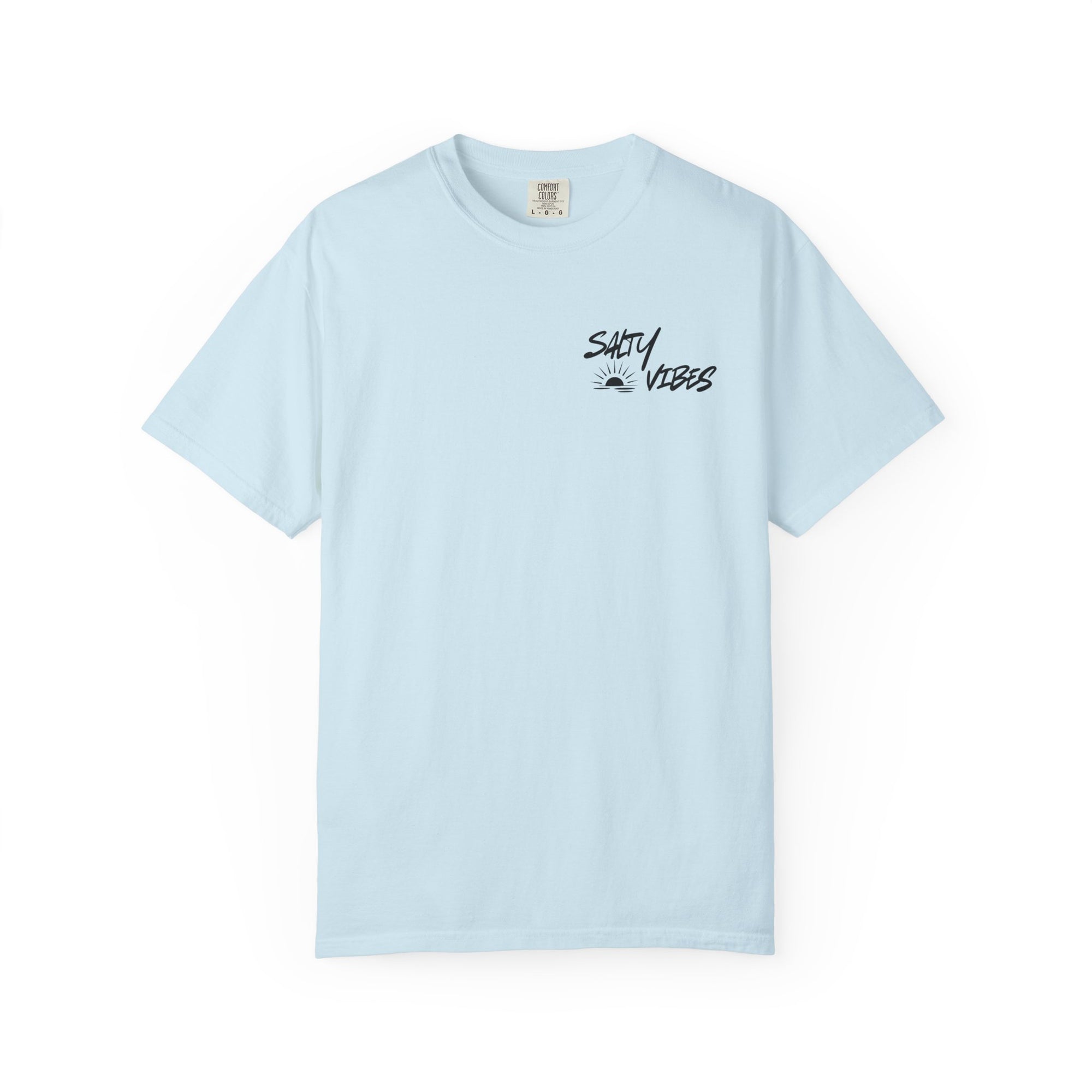 Light blue t-shirt with 'Salty Vibes' text on a white background
