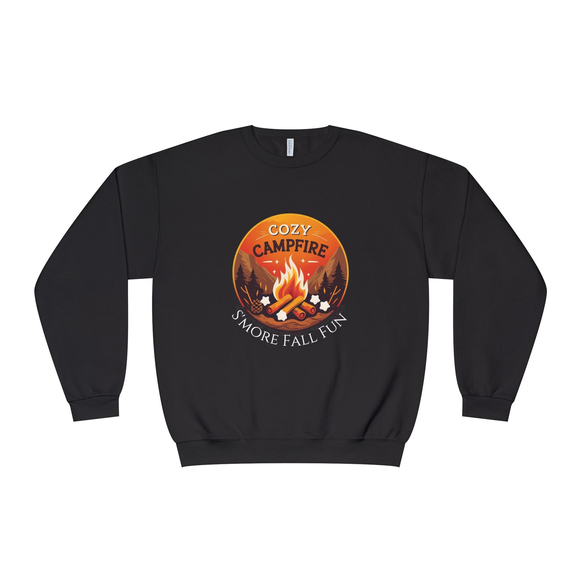 Black sweatshirt with a campfire graphic and text on a white background