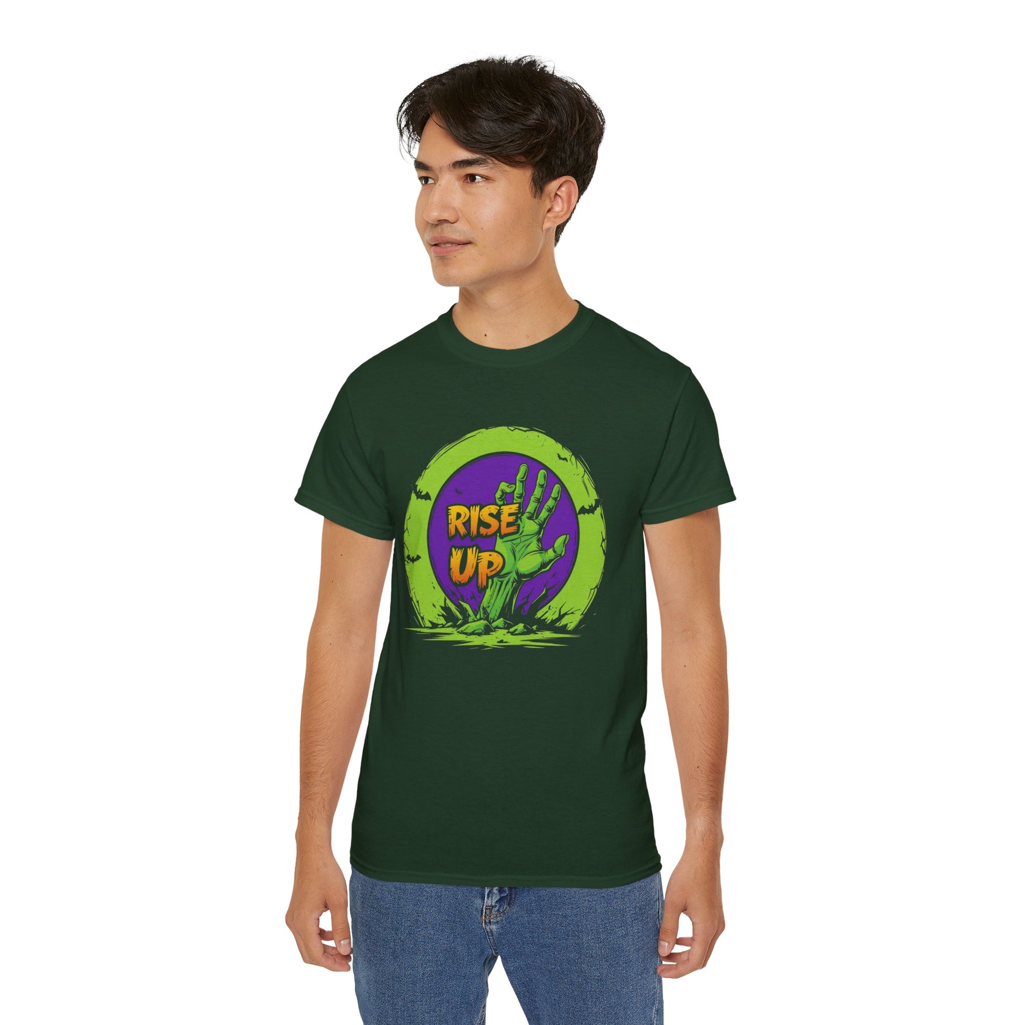 Zombie Themed Unisex Cotton Tee | Rise Up Shirt for Halloween, Casual Wear, Family Gatherings, Horror Fans, Gift Idea
