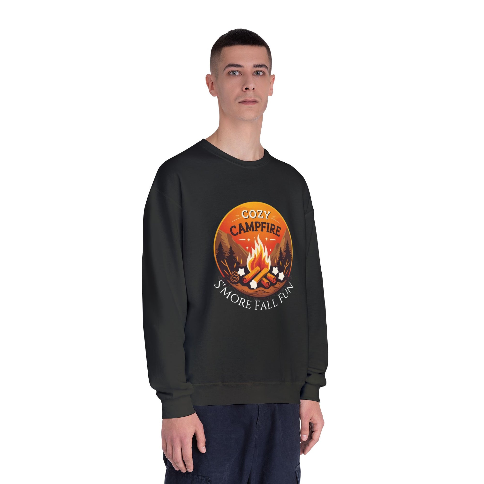 Person wearing a black sweatshirt with a campfire graphic and text on a white background