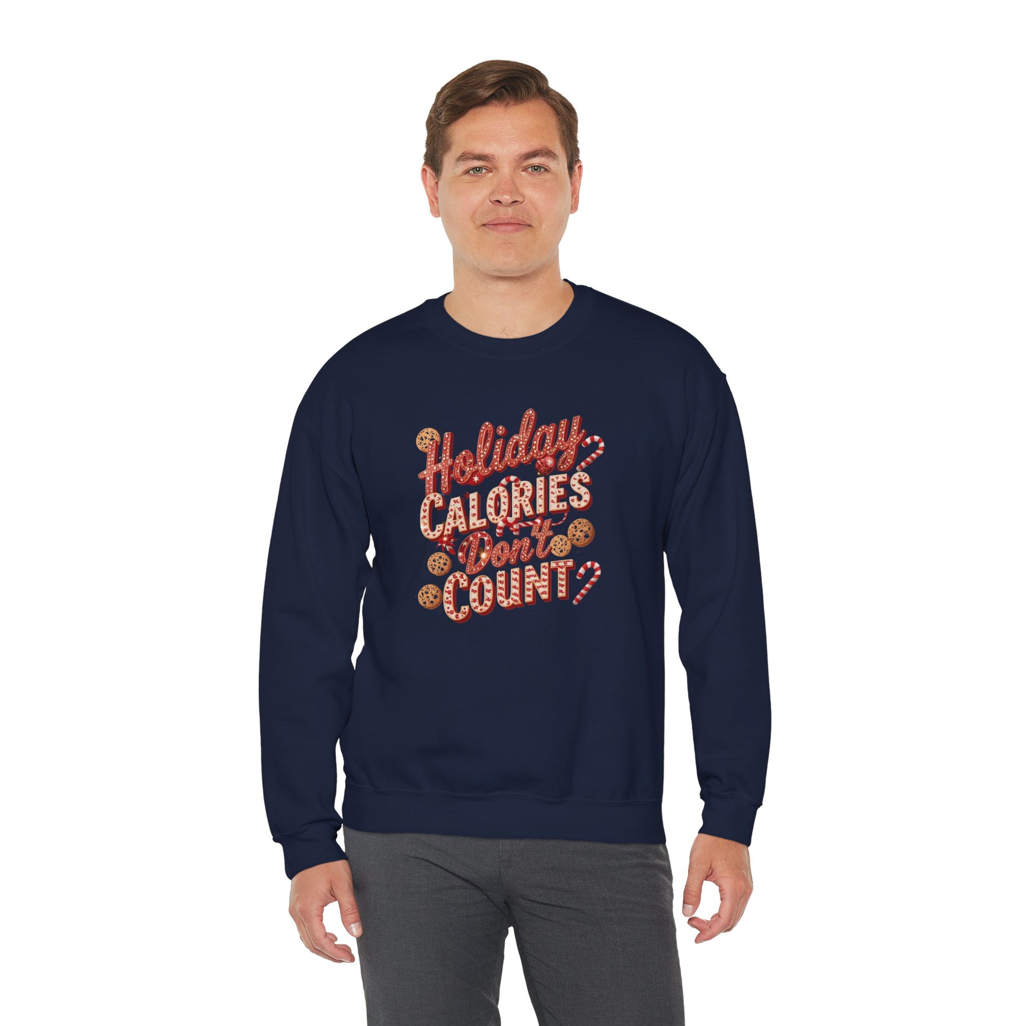 Man wearing a navy blue sweatshirt with colorful text on a white background