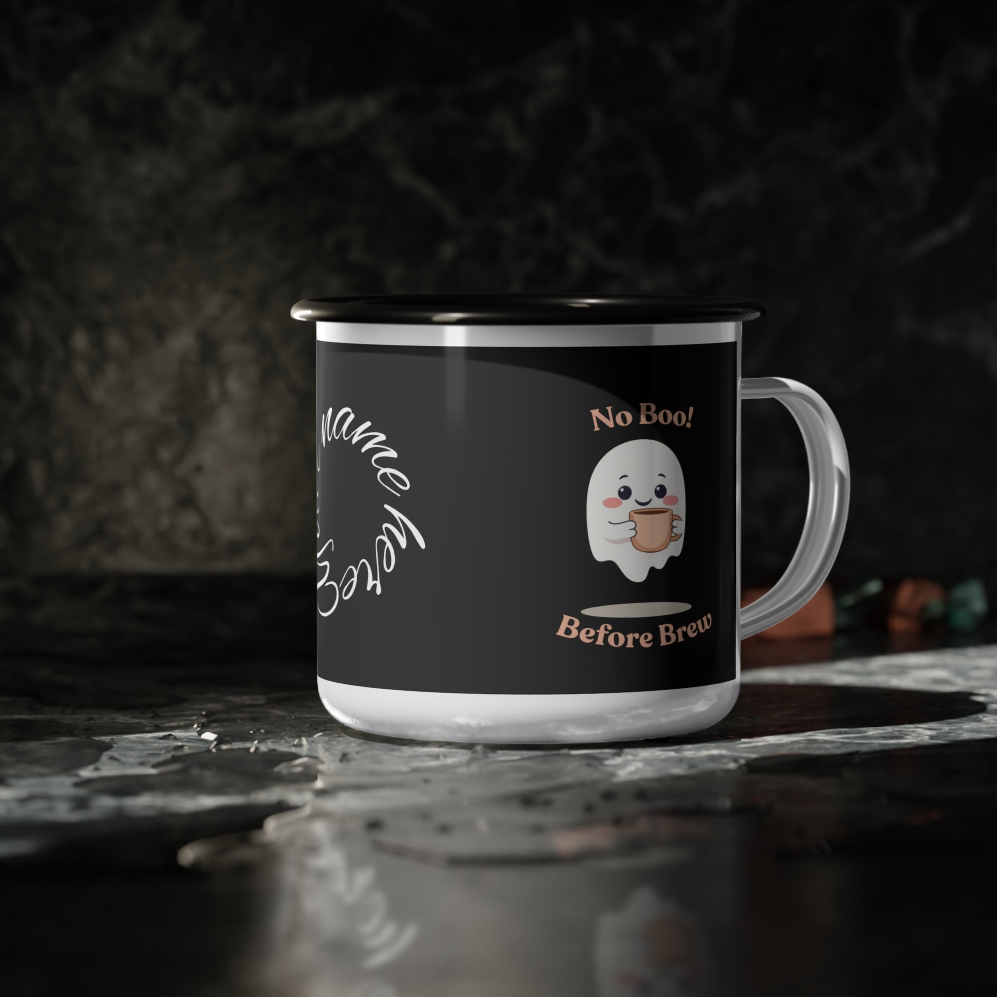 Mug with ghost design and text on a dark background