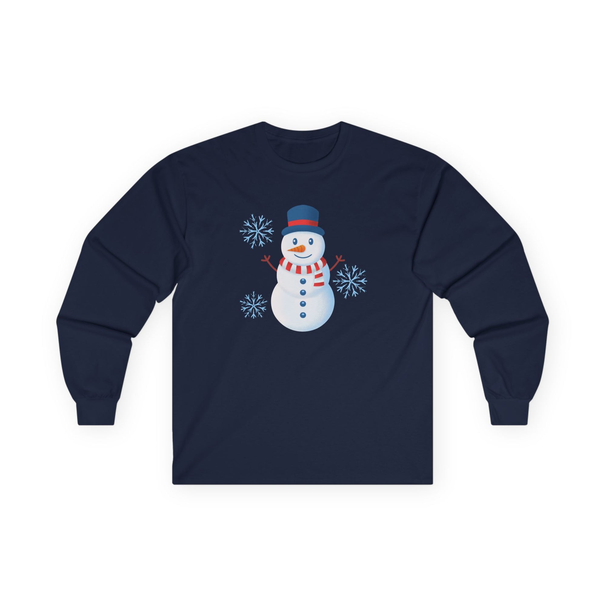 Navy blue long-sleeve shirt with a snowman design on a white background