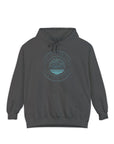 Gray hoodie with a blue logo on a white background