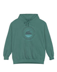 Teal hoodie with a graphic design on a white background