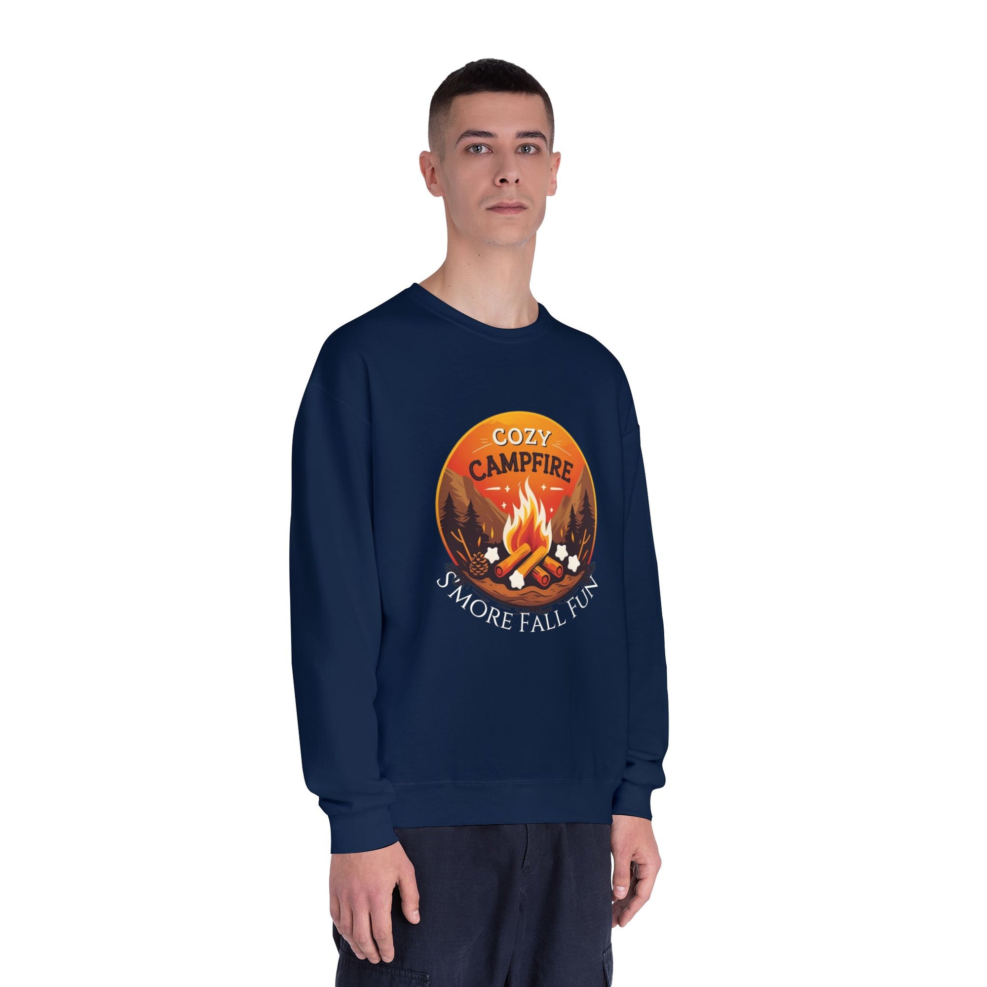 Person wearing a navy blue sweatshirt with a campfire graphic and text on a white background