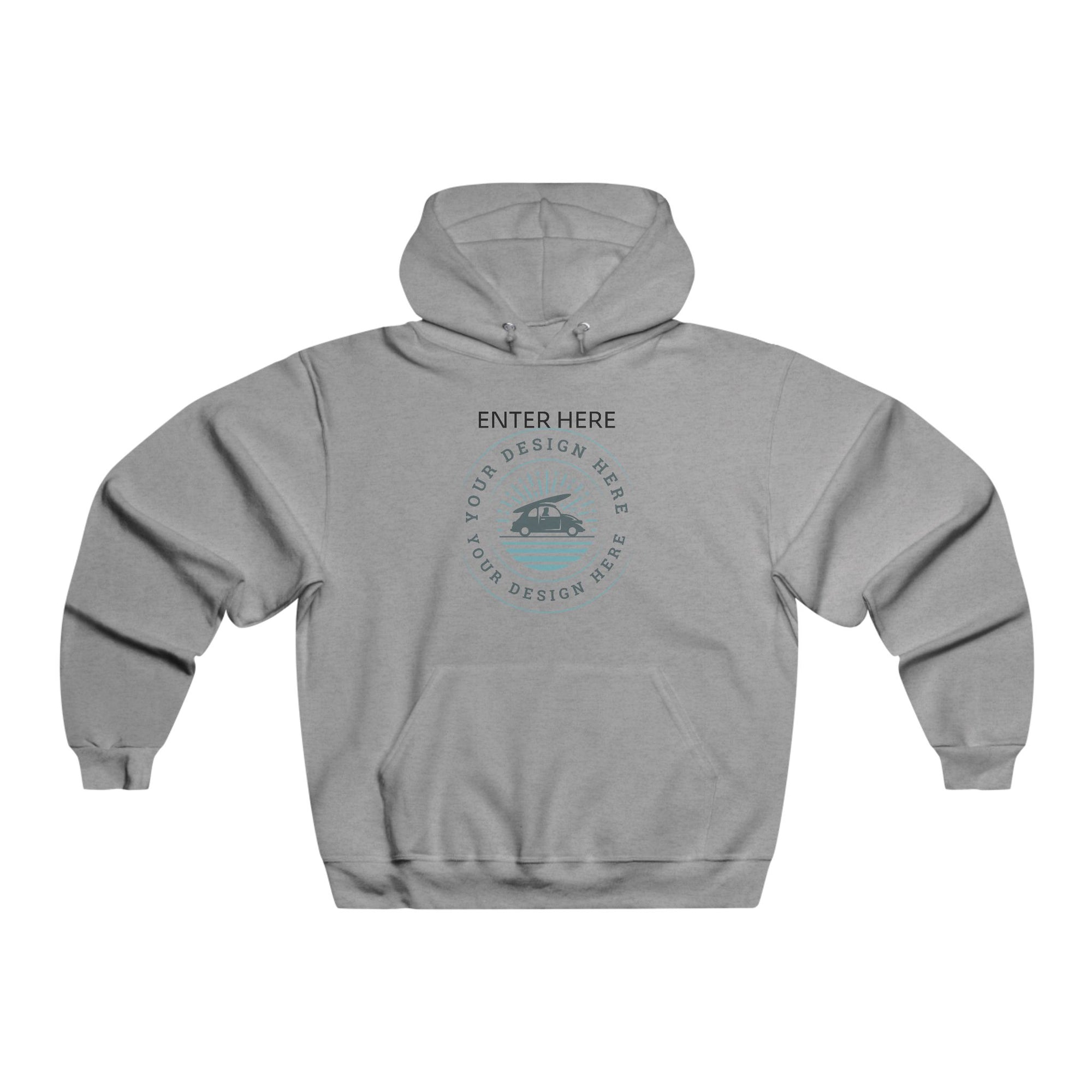 Gray hoodie with customizable design area on a white background