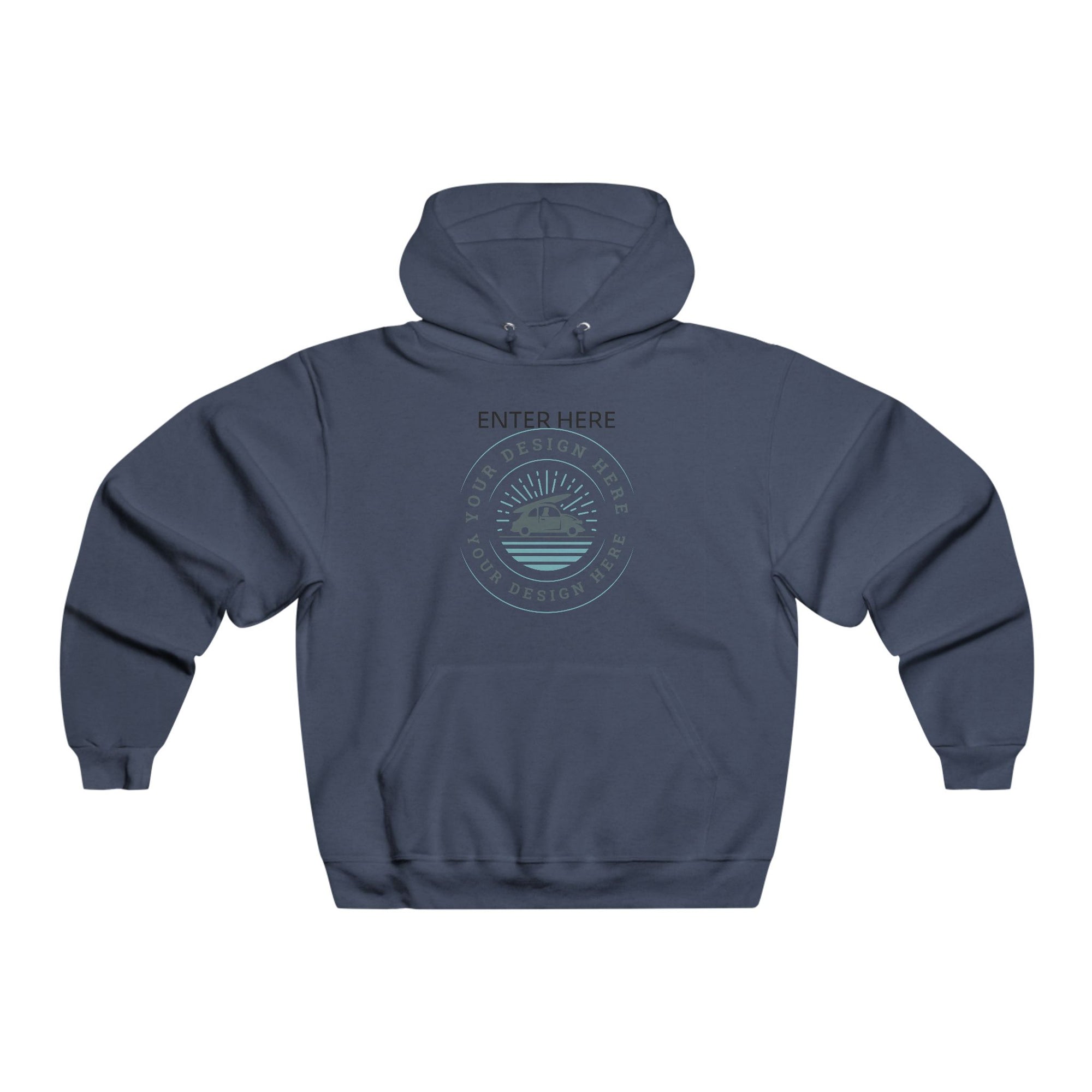Blue hoodie with a logo on the back against a white background