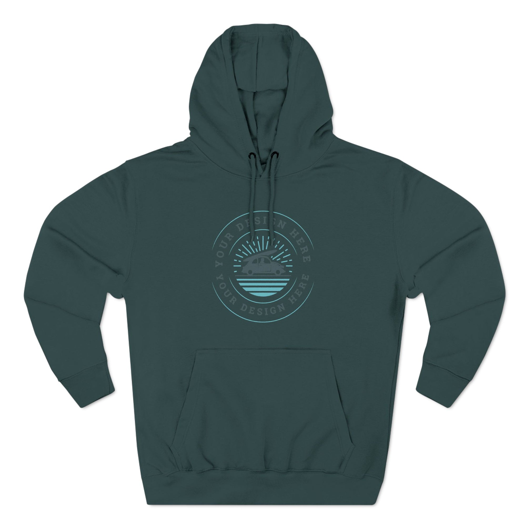 Teal hoodie with a circular logo on a white background