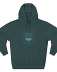 Teal hoodie with a circular logo on a white background