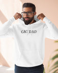 Man wearing a white hoodie with 'Cat Dad' text, flexing his muscles against a neutral background.