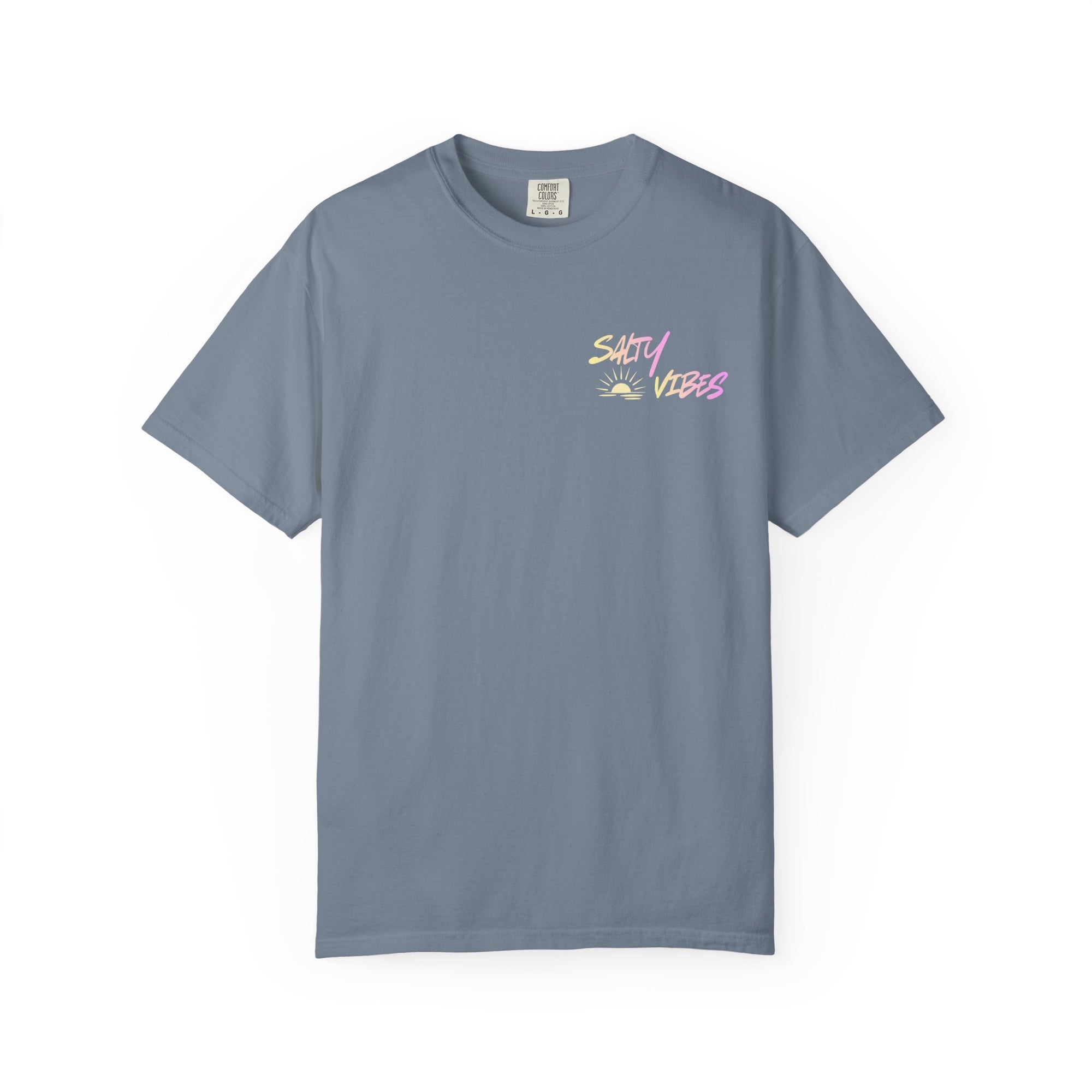 Gray t-shirt with 'Salty Vibes' text and graphic on a white background