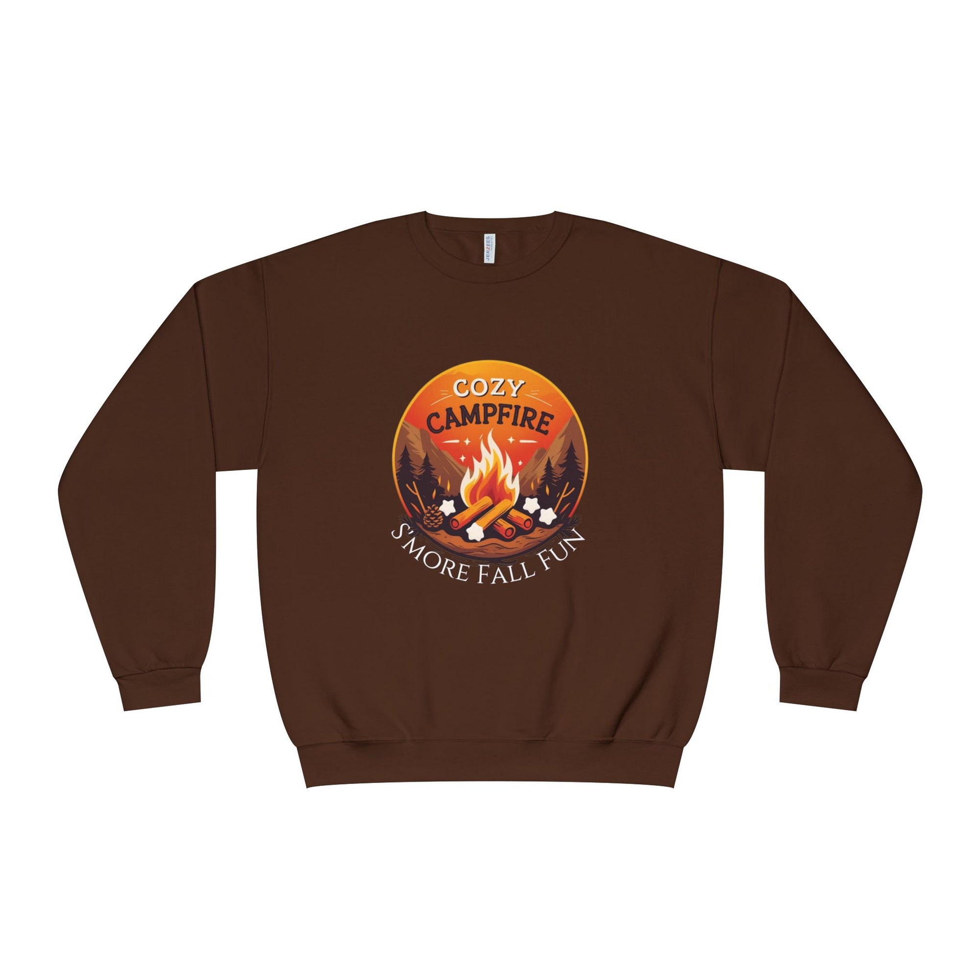 Brown sweatshirt with a campfire graphic and text on a white background