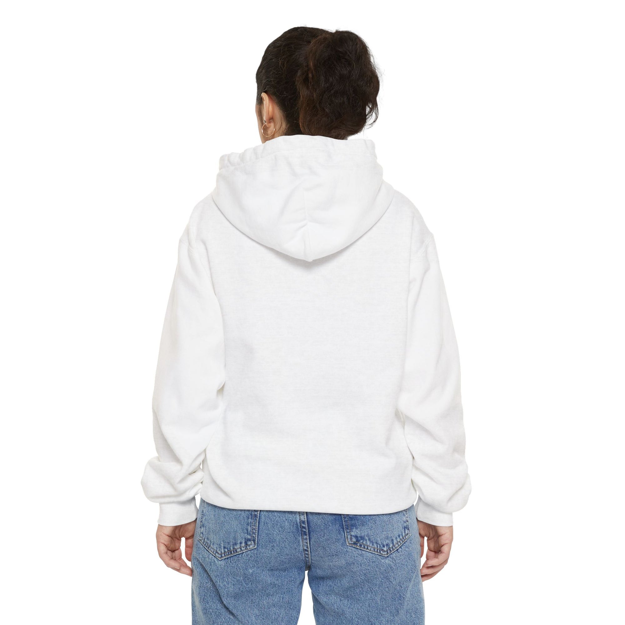 Person wearing a white hoodie and blue jeans on a white background
