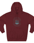 Maroon hoodie with a graphic design on a white background