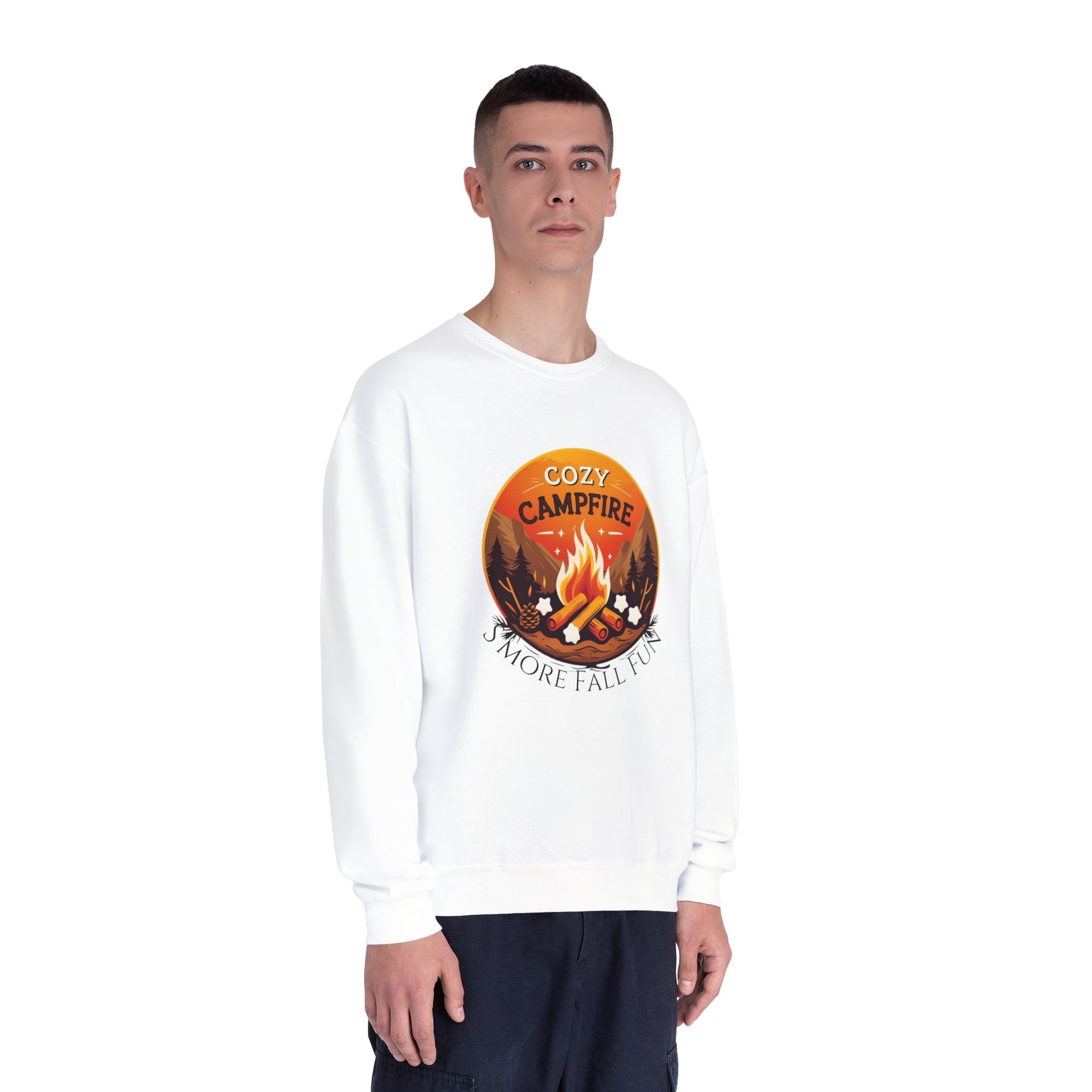 Person wearing a white sweatshirt with a campfire graphic and text on a white background