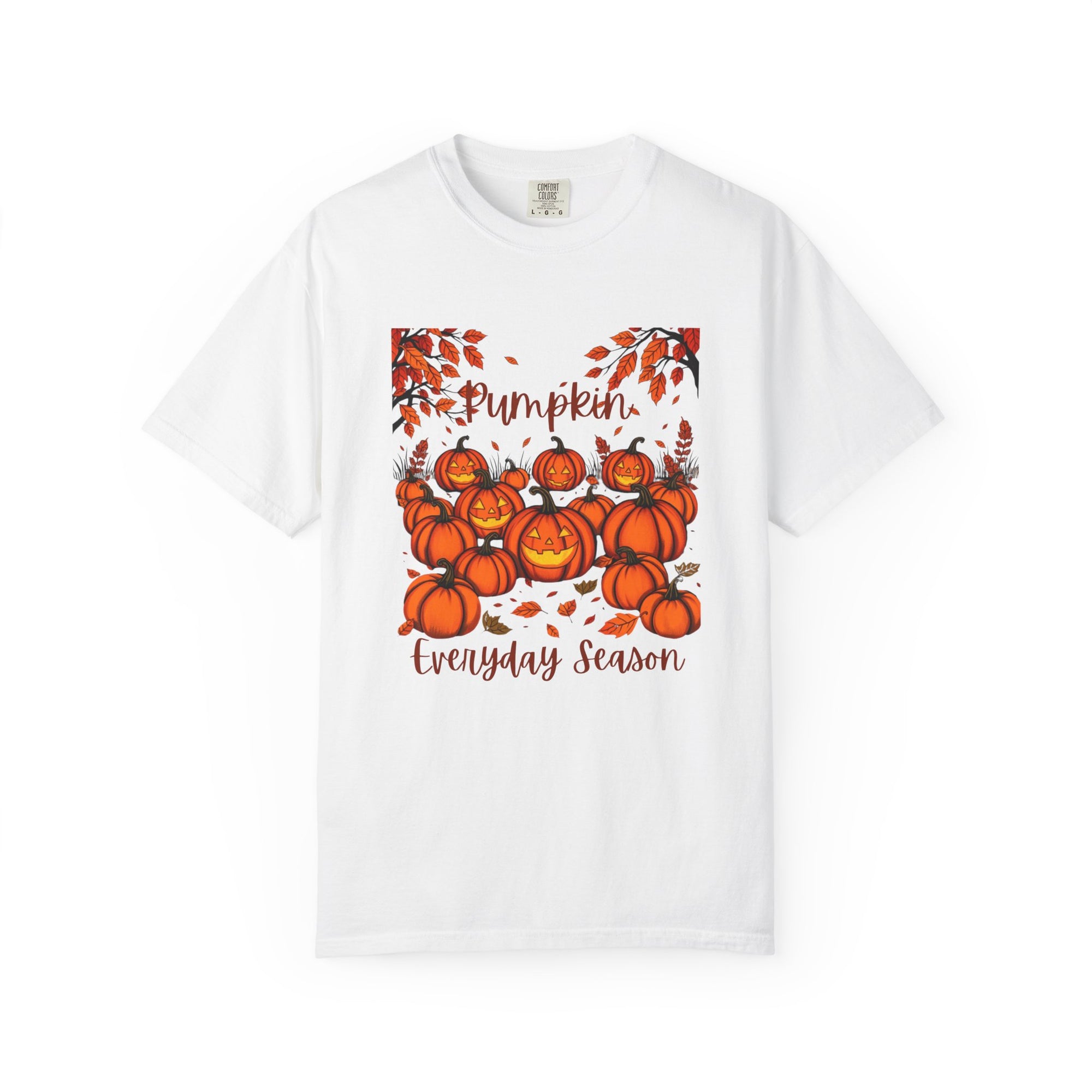White t-shirt with pumpkin design and text on a white background