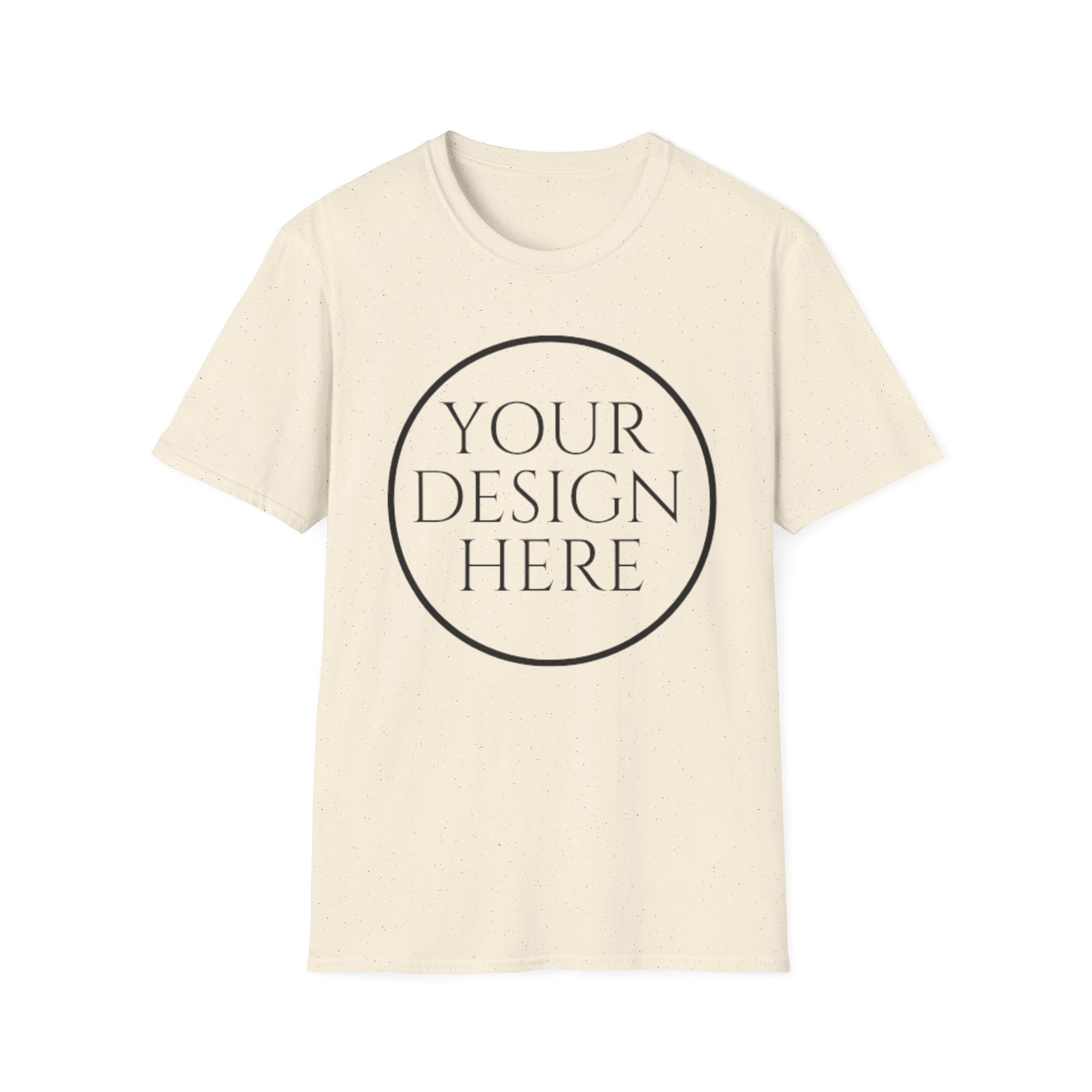 Beige t-shirt with 'Your Design Here' text in the center on a white background