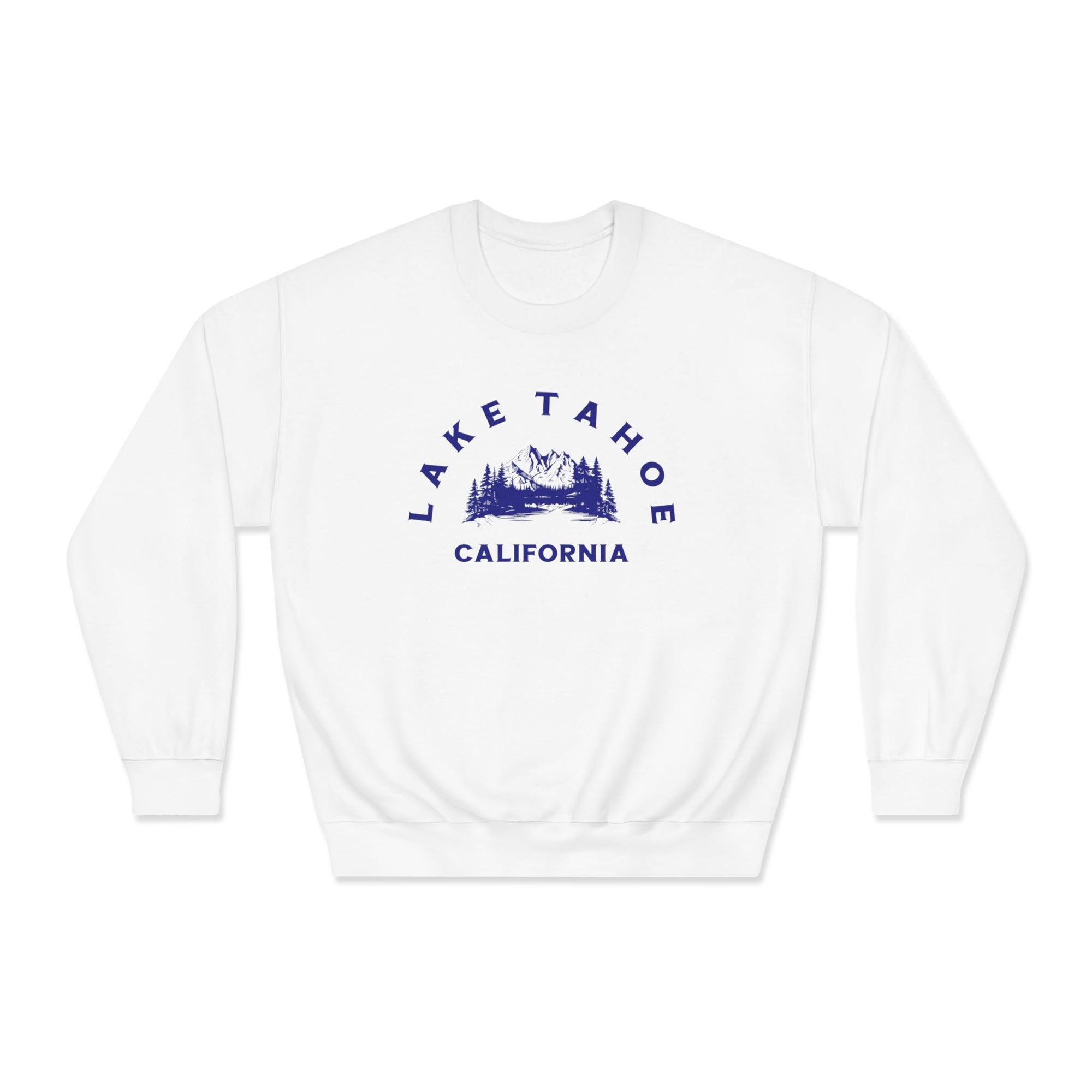 White sweatshirt with 'Lake Tahoe California' text and graphic on a white background