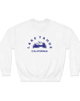White sweatshirt with 'Lake Tahoe California' text and graphic on a white background