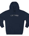 Navy blue hoodie with 'CAT DAD' text on a white background