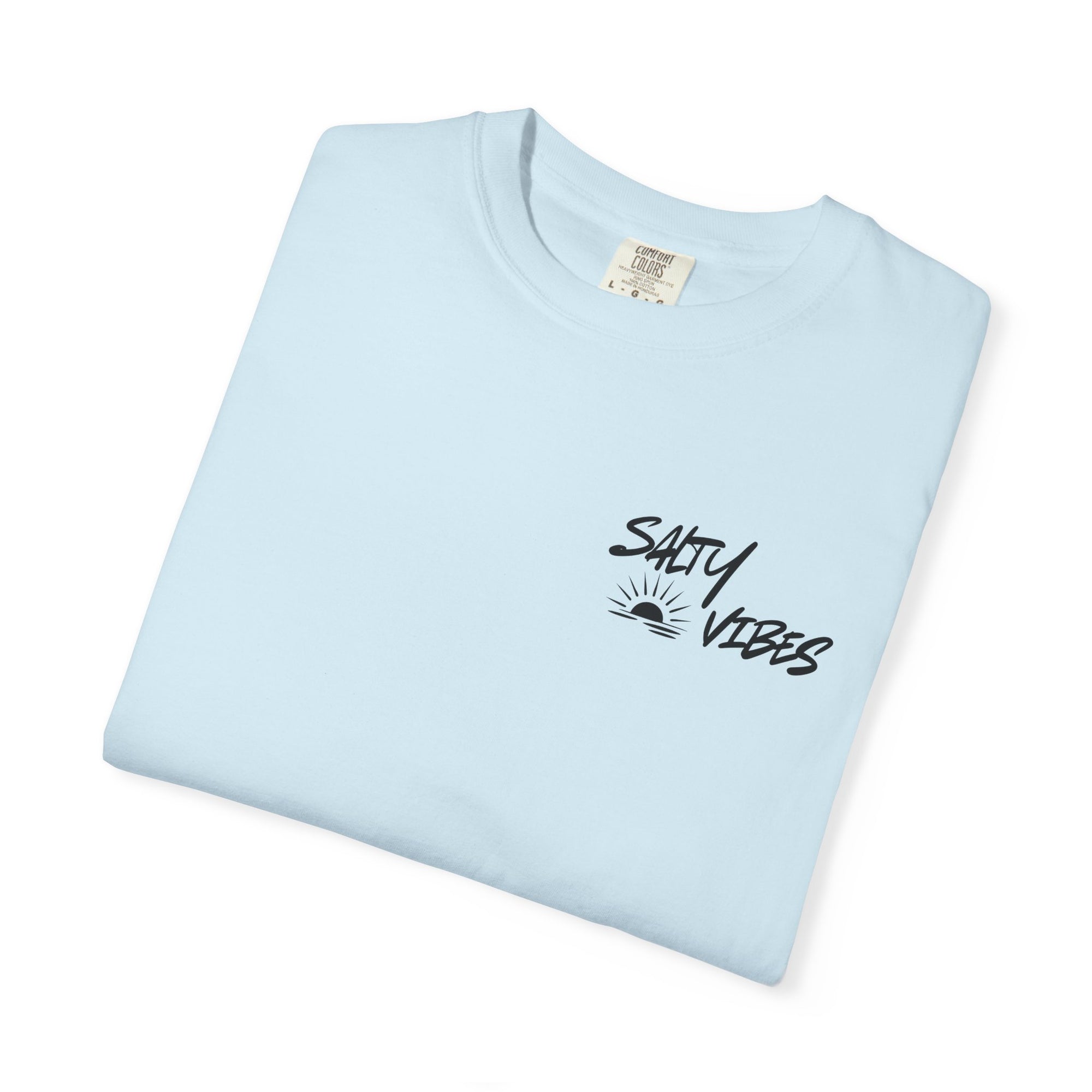 Light blue t-shirt with 'Salty Vibes' text on a white background