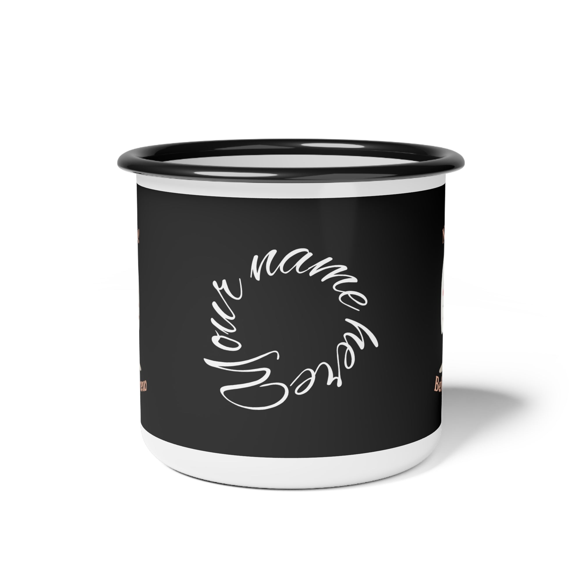 Black enamel mug with 'Your Name Here' text on a white background