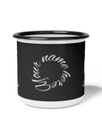 Black enamel mug with 'Your Name Here' text on a white background