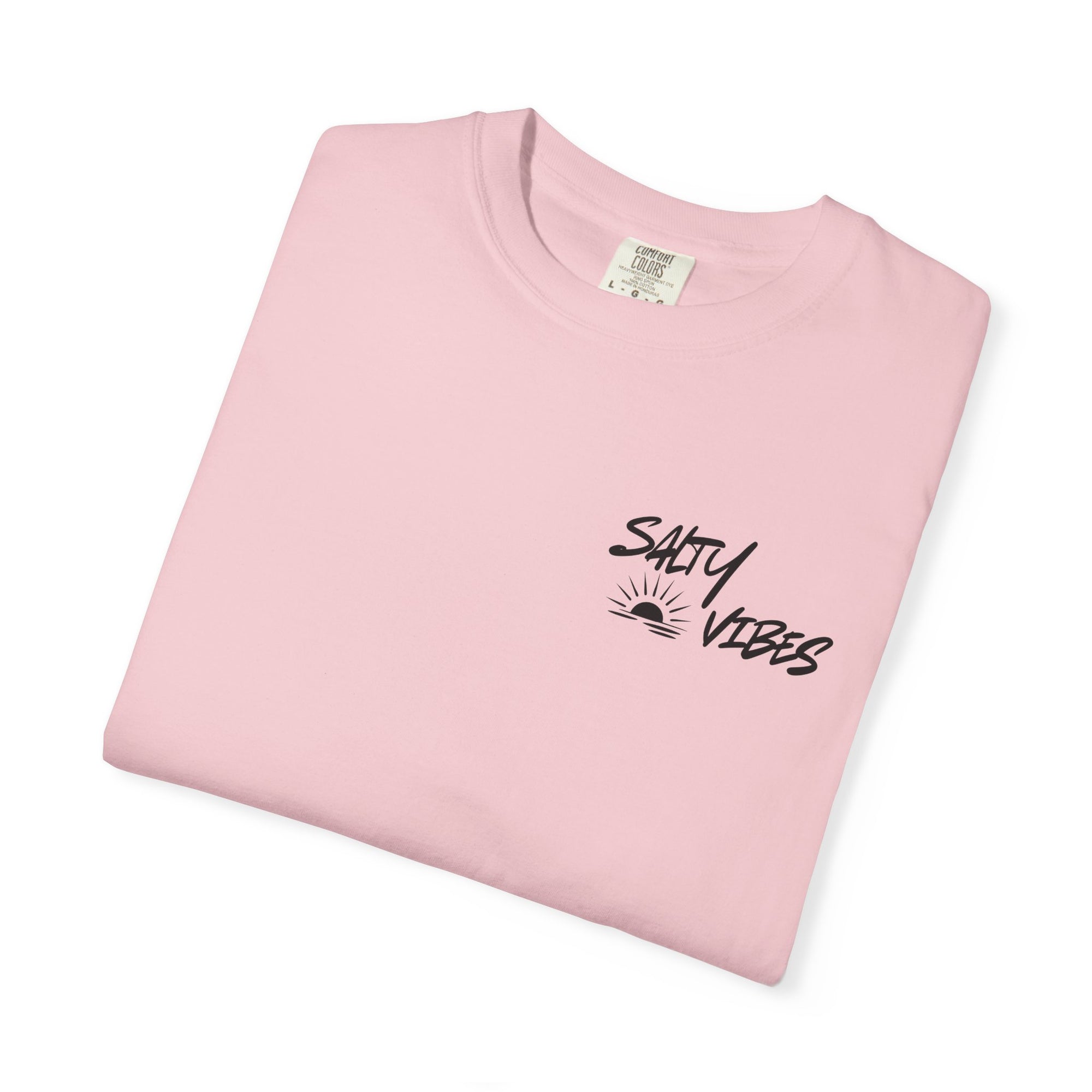 Pink t-shirt with 'Salty Vibes' text on a white background