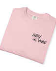 Pink t-shirt with 'Salty Vibes' text on a white background