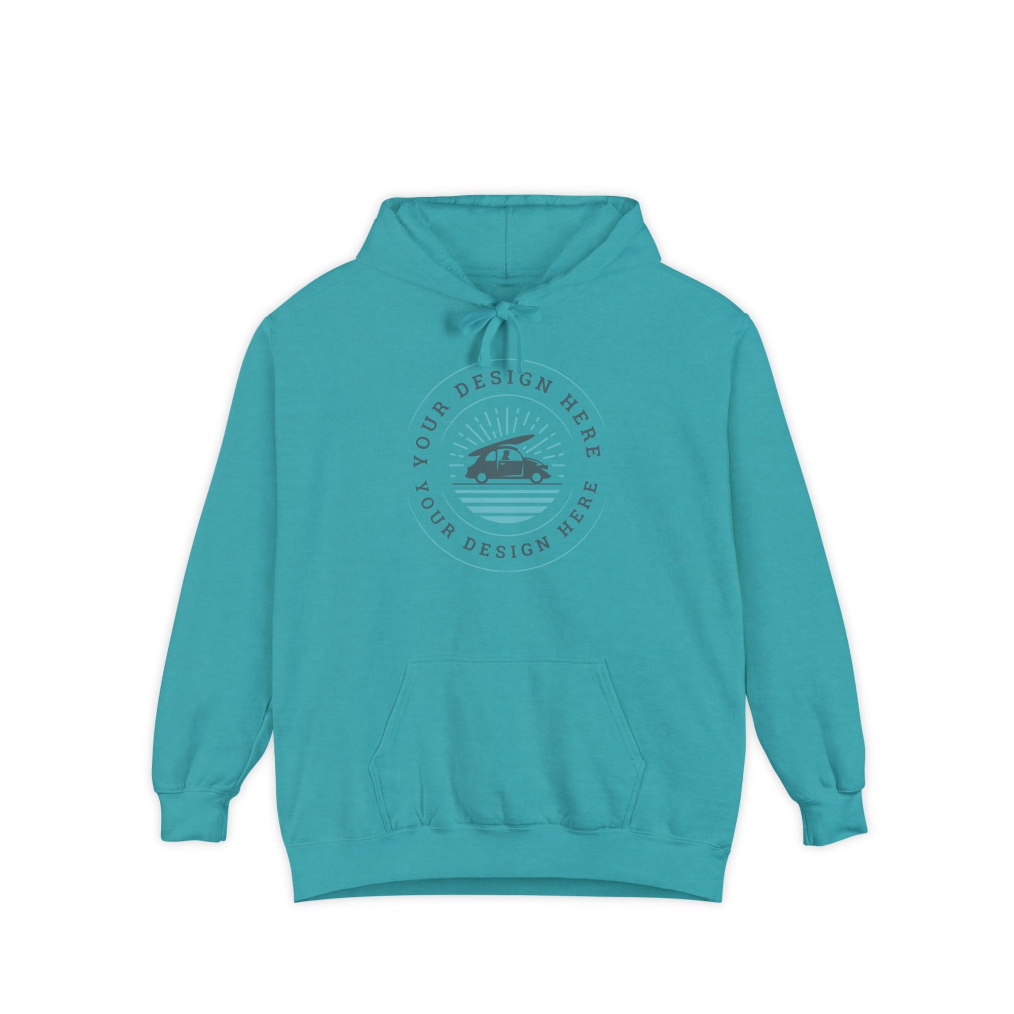 Teal hoodie with a circular design on a white background